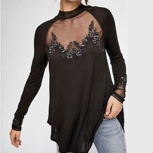 Free people black mesh and lace long sleeve top